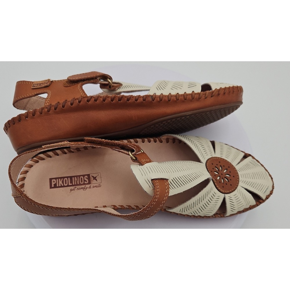 Pikolinos P. Vallarta Cream Brown Sandal Sz 9-9.5 Boho Mary Jane Cottagecore EUC